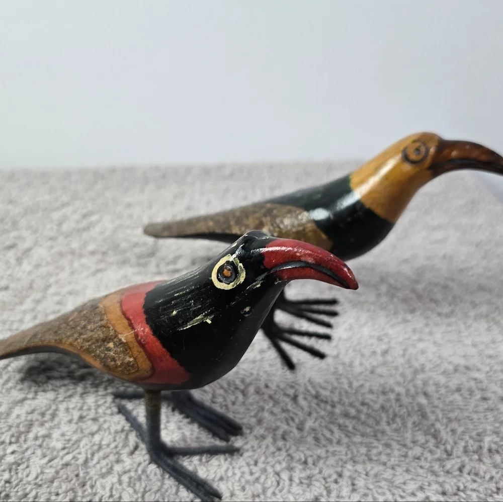 Handcrafted Wooden Bird Figurines - Red, Black, Brown
